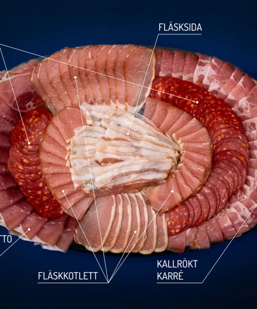 Charkbricka med fläskkött produkter. Hämtas i Eldsberga Charks fabriksbutik.