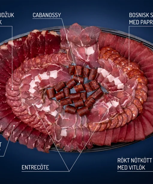 Charkbricka med nötkött produkter. Hämtas i Eldsberga Charks fabriksbutik.